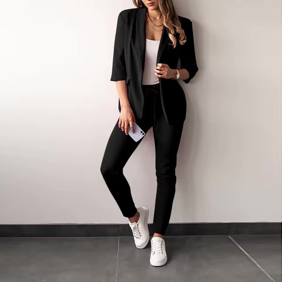Elegant Women’s Two-Piece Suit – Casual Solid Color Blazer & Pants Set | Long Sleeve Office & Everyday Wear