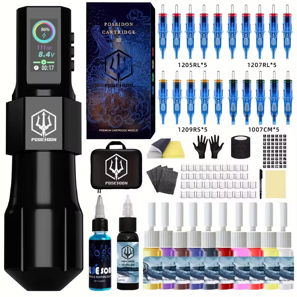 POSEIDON Wireless Tattoo Pen Kit – Professional Permanent Makeup & Tattoo Machine Set for Beginners & Experts