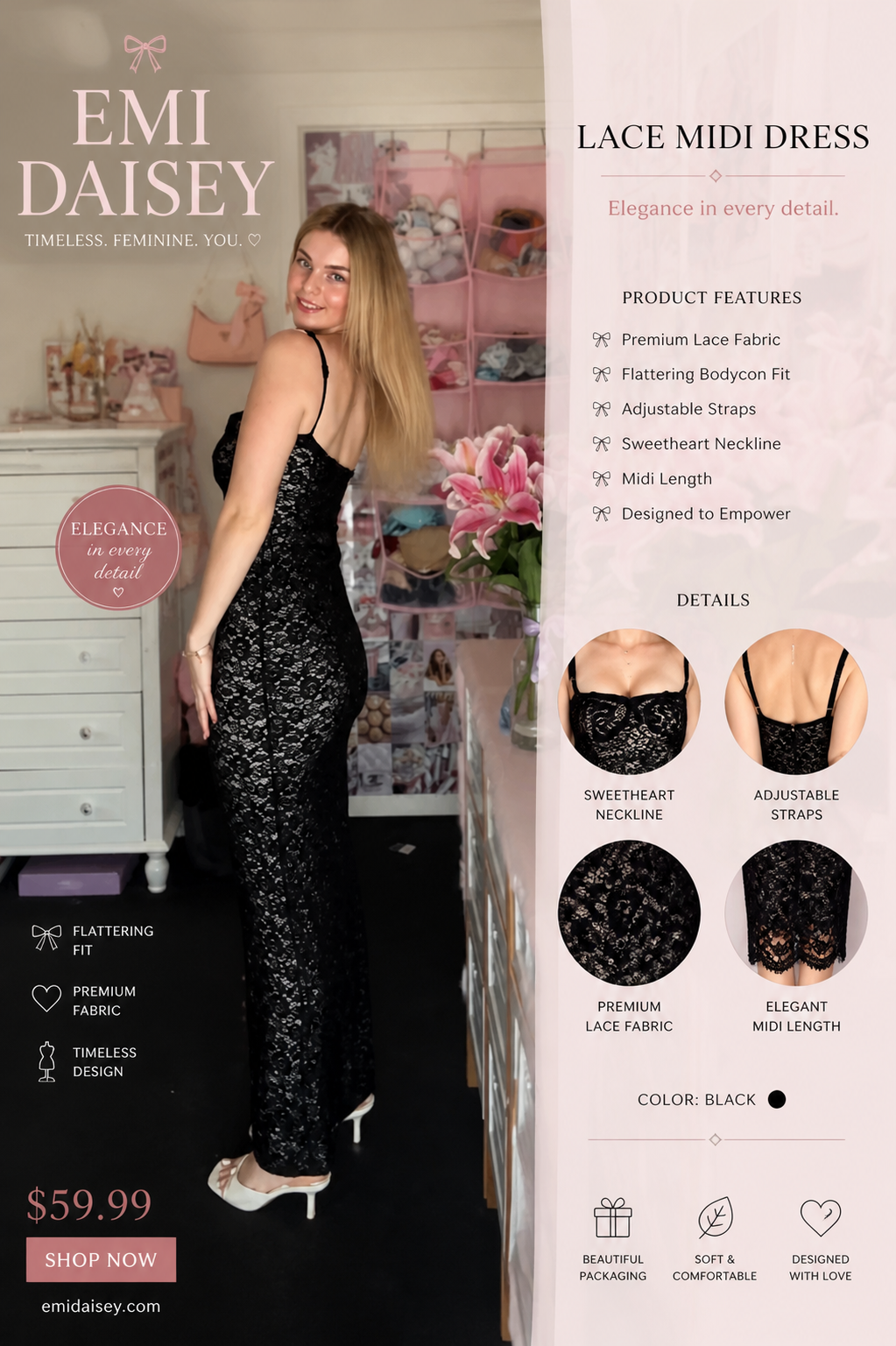 Lace Midi Dress Flattering Bodycon Fit Elegant Silhouette Summer Party Women - UltraChic