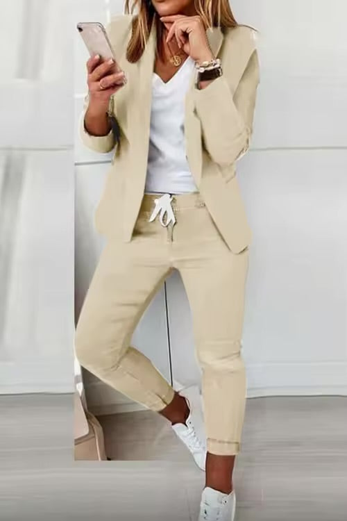 Elegant Women’s Two-Piece Suit – Casual Solid Color Blazer & Pants Set | Long Sleeve Office & Everyday Wear