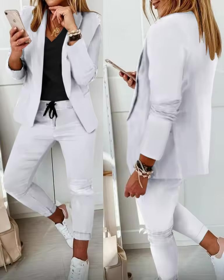 Elegant Women’s Two-Piece Suit – Casual Solid Color Blazer & Pants Set | Long Sleeve Office & Everyday Wear