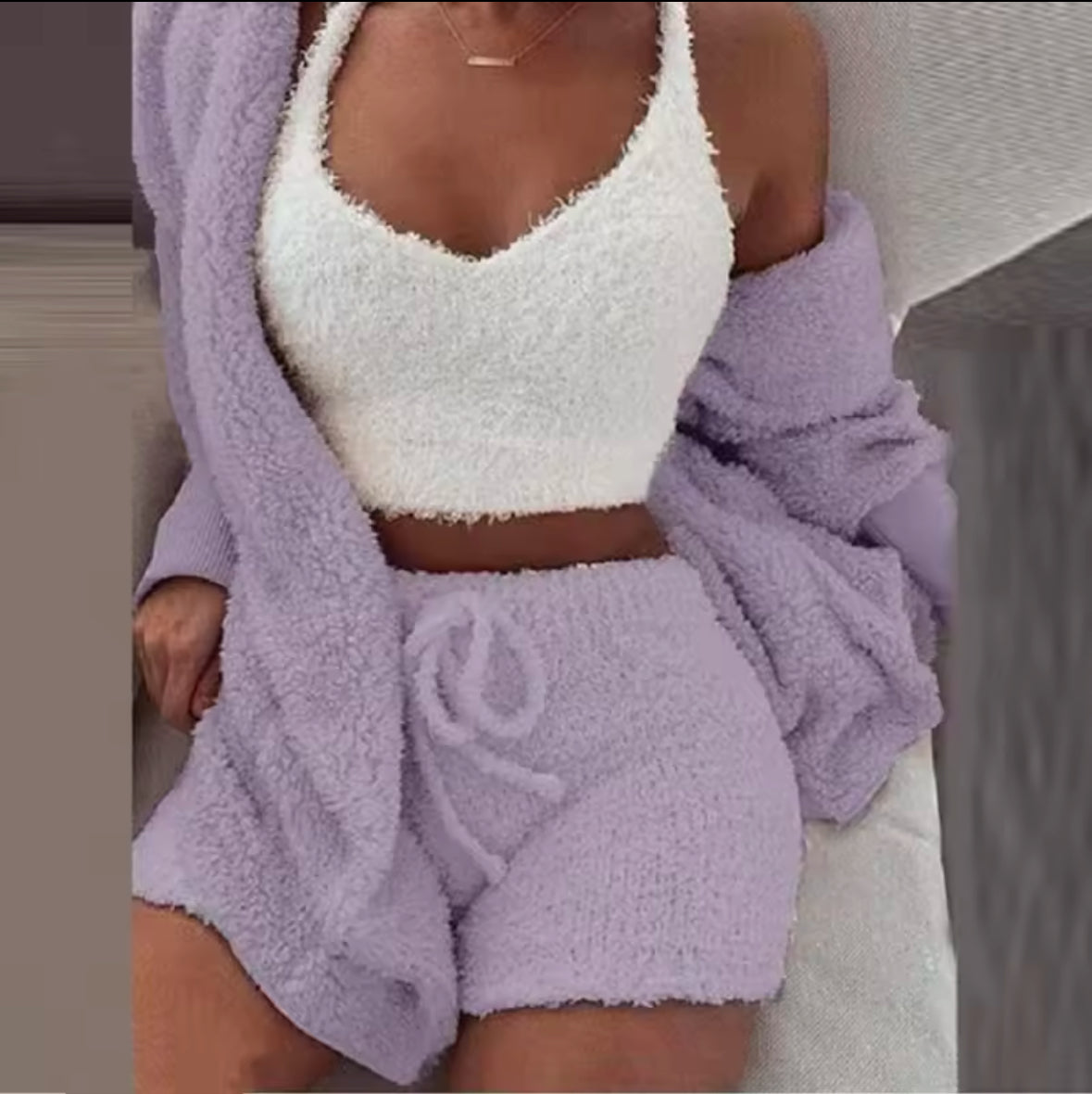 Fluffy 3-Piece Pajama Set for Women – Casual Sleepwear, Tank Top, Shorts, and Cozy Hoodie for Winter, Plus Size Leisure Homsuit