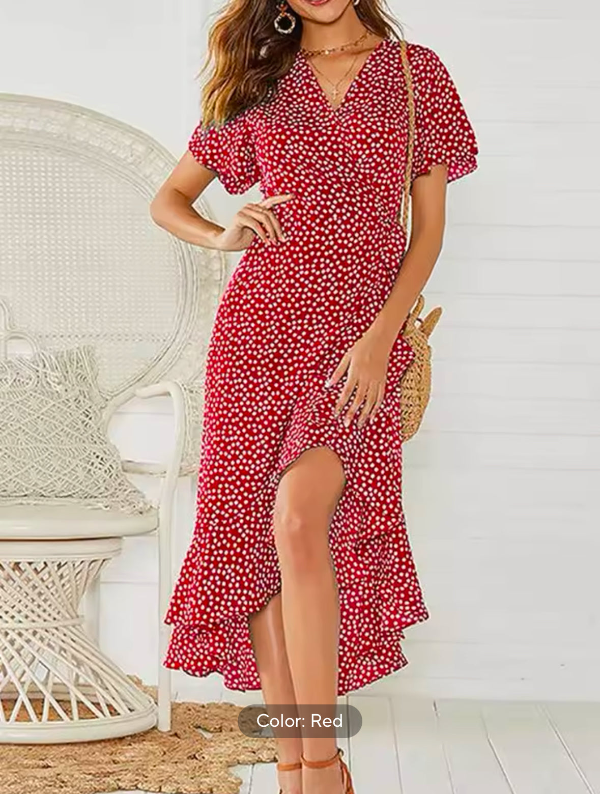 Boho Floral Print Chiffon Maxi Dress for Women – Elegant Summer Wrap V-Neck Split Beach & Party Dress