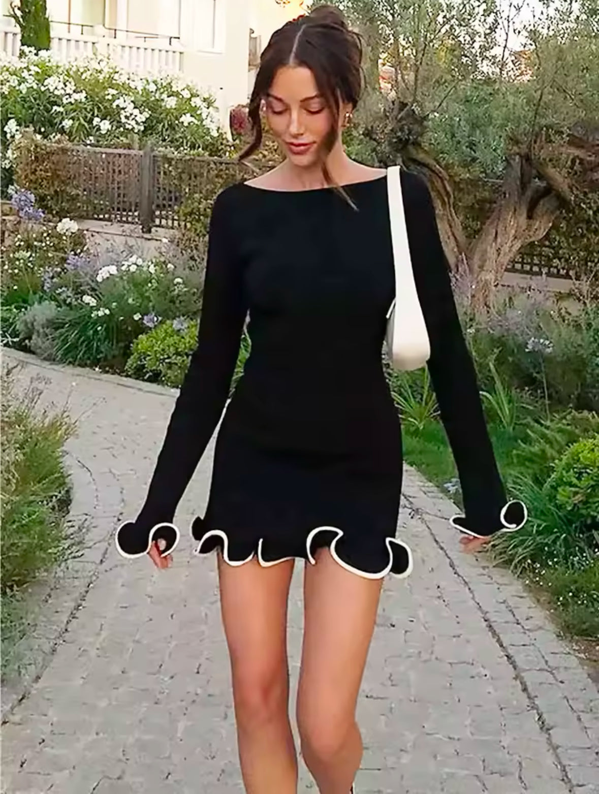 Sexy Ruffled Knitted Skirt for Women – Long Sleeve Solid Color Dress, Perfect for Spring & Summer Fashion