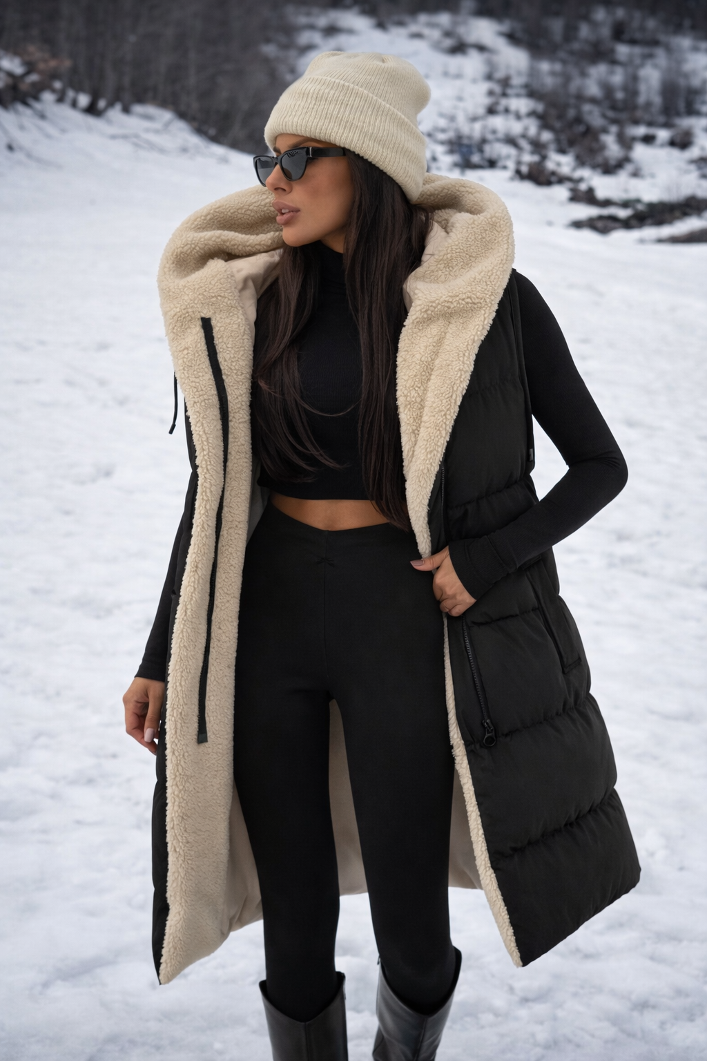 Women’s Two-Tone Reversible Padded Hooded Vest – Zipper Front Winter Jacket