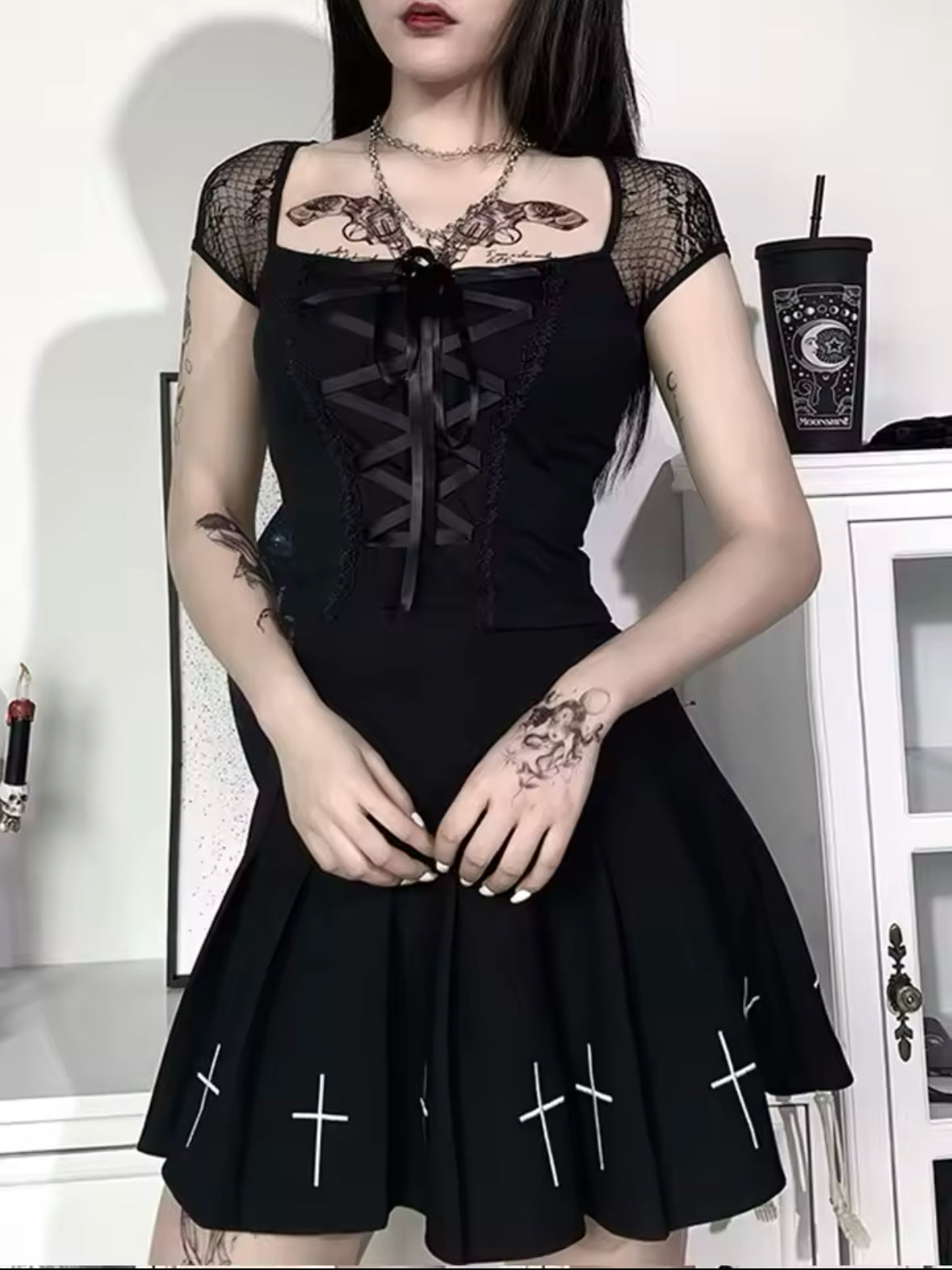Vintage Goth T-Shirt for Women | Sexy Black Lace & Bandage Mesh Top - Casual Gothic Streetwear