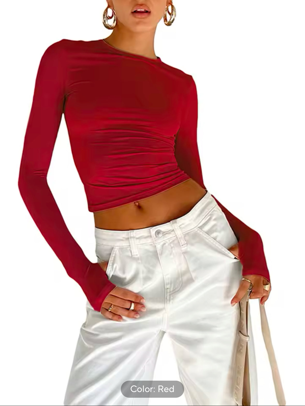 Fashion Women’s Long Sleeve Crew Neck T-shirt – Slim Fit Crop Top with Thumb Holes for Daily Streetwear & Summer Camis