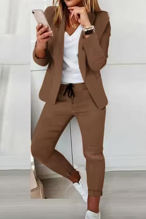 Elegant Women’s Two-Piece Suit – Casual Solid Color Blazer & Pants Set | Long Sleeve Office & Everyday Wear