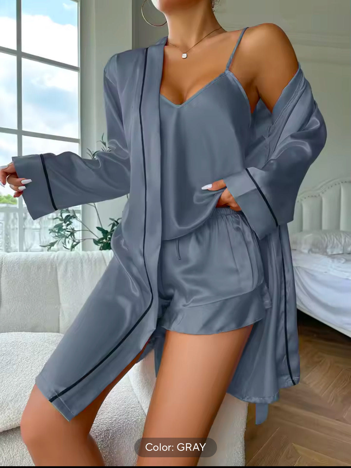 Simple Satin Pajama Set for Women – Long Sleeve Belted Robe, V-Neck Cami Top & Shorts for Comfortable Sleepwear