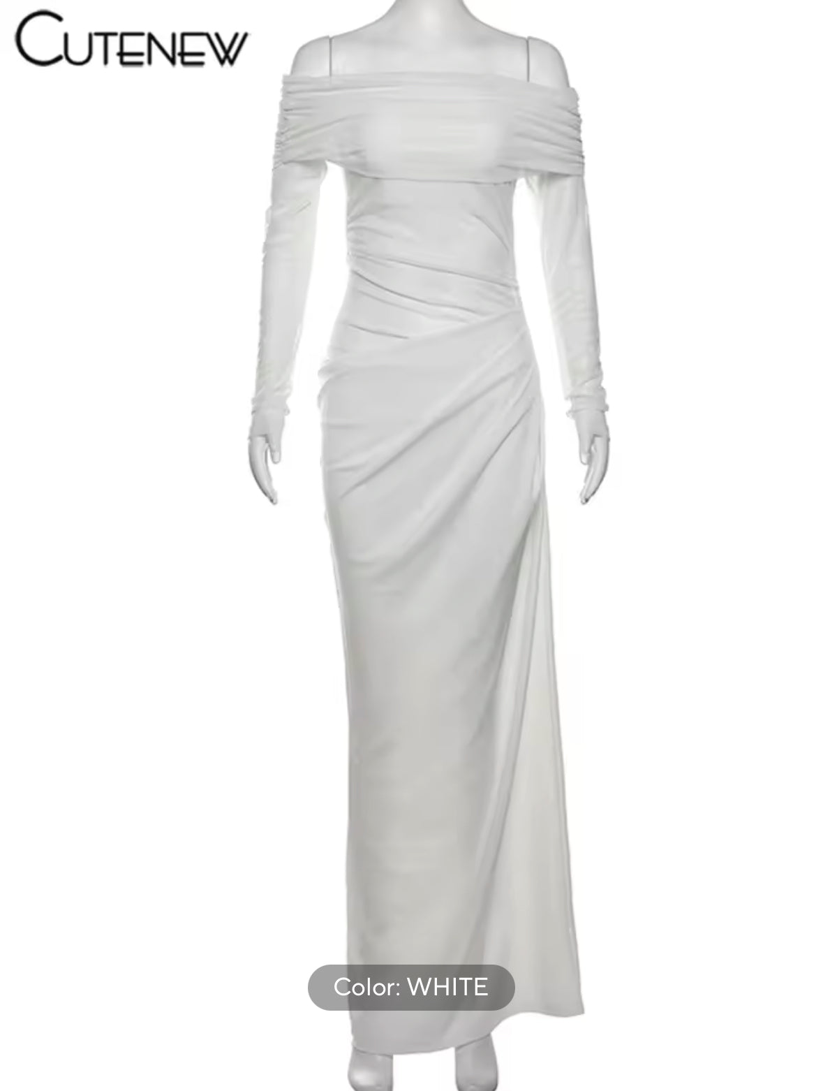 Sexy Mesh Ruched Maxi Dress for Women – Off Shoulder Sheer Long Sleeve Bodycon Gown for Midnight Parties