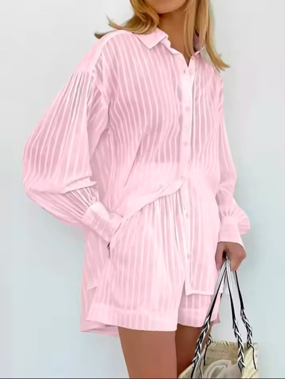 2025 Cotton Two-Piece Set for Women – Striped Long Sleeve Shirt & Shorts Outfit for a Simple and Stylish Spring Summer Look