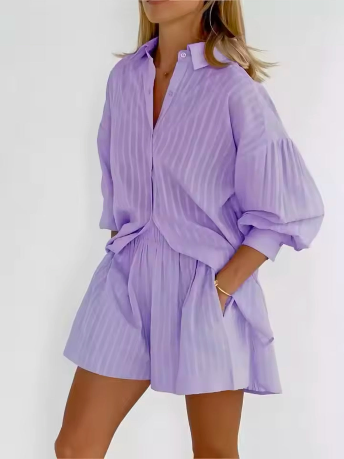 2025 Cotton Two-Piece Set for Women – Striped Long Sleeve Shirt & Shorts Outfit for a Simple and Stylish Spring Summer Look