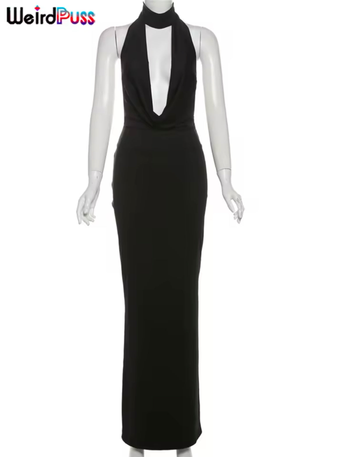 Weird Puss Hollow Halter Dress for Women – Sexy Backless Low-Neck Bodycon Dress with Slits for Midnight Banquets