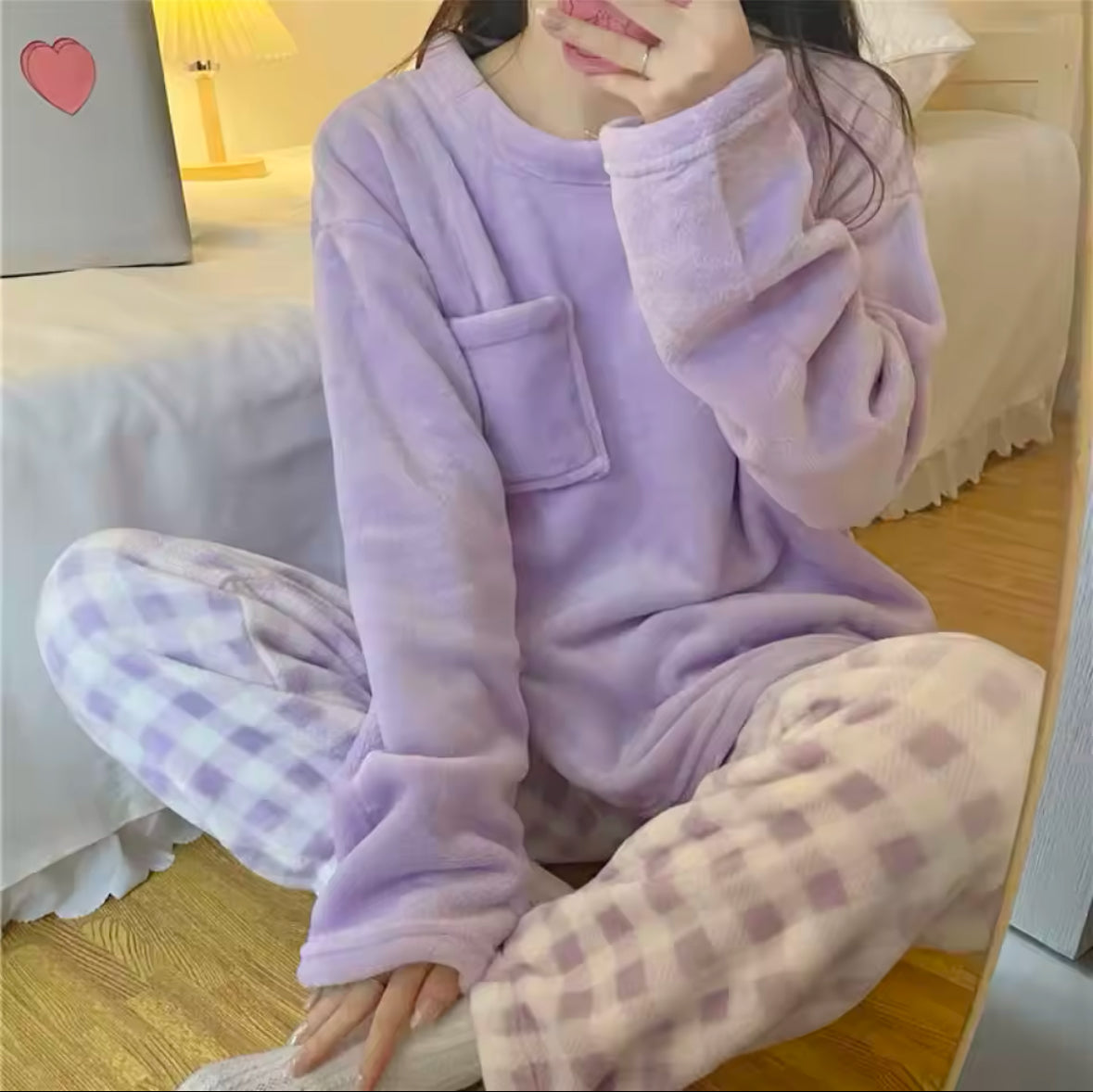 Women’s Fleece Pajama Set – Thick and Warm Winter Sleepwear with Solid Top and Plaid Pants for Ultimate Comfort