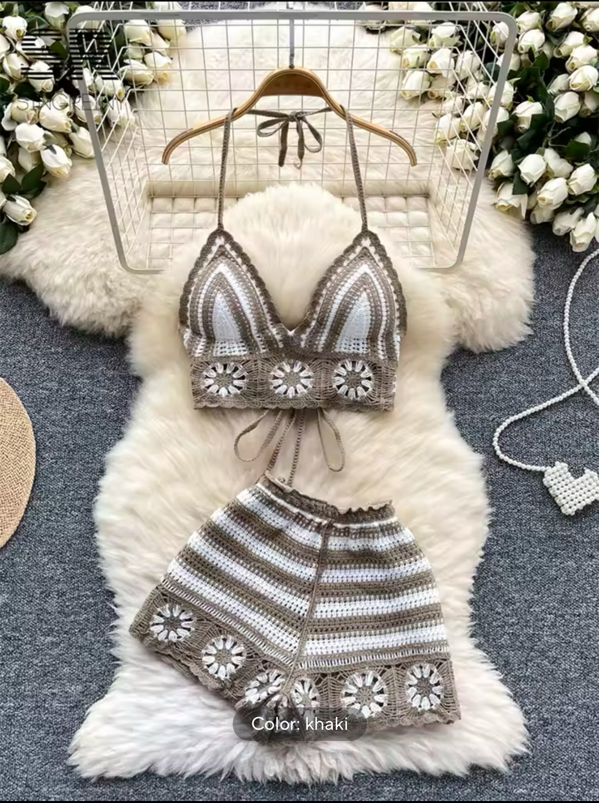 SINGREINY Women’s Beach Vacation 2-Piece Set – Halter Lace-Up Camisole & Elastic Waist Shorts | Trendy Hollow Hook Floral Design