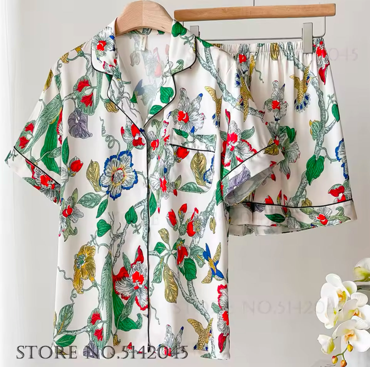 Fashionable Floral Print 2PCS Pajama Set for Women – Comfortable Satin Sleepwear, Spring & Summer Lounge Wear, Loose Fit Trouser Suit for Relaxing at Home