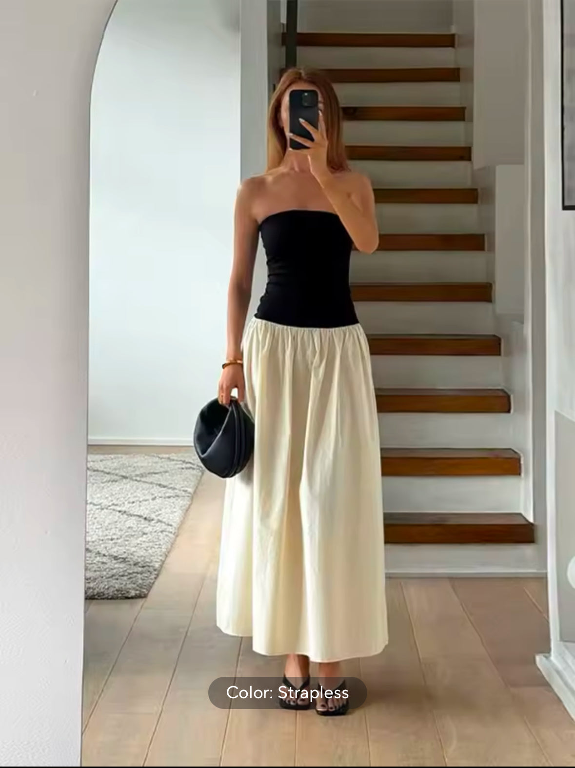 Fashionable Contrast Splicing Pleated Long Dress for Women – Casual Round Neck Loose Cropped Spring Dress 2025 High Street Style