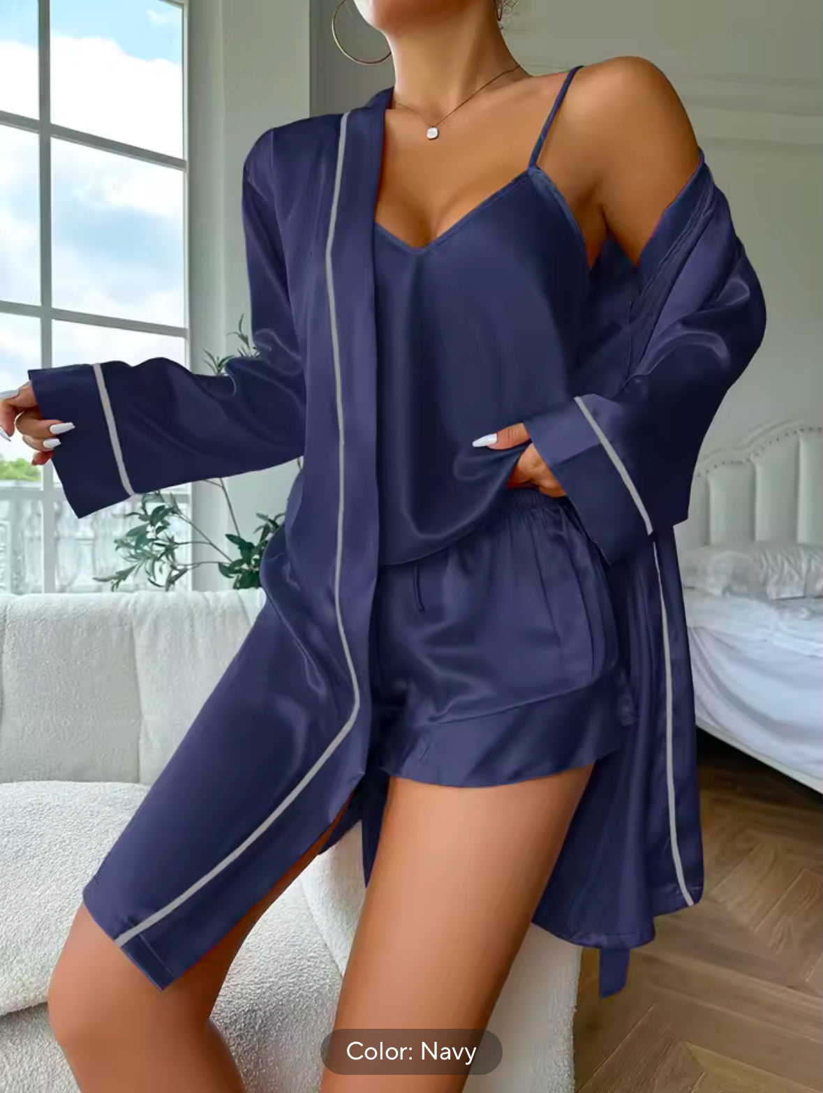 Simple Satin Pajama Set for Women – Long Sleeve Belted Robe, V-Neck Cami Top & Shorts for Comfortable Sleepwear