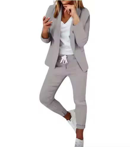 Elegant Women’s Two-Piece Suit – Casual Solid Color Blazer & Pants Set | Long Sleeve Office & Everyday Wear