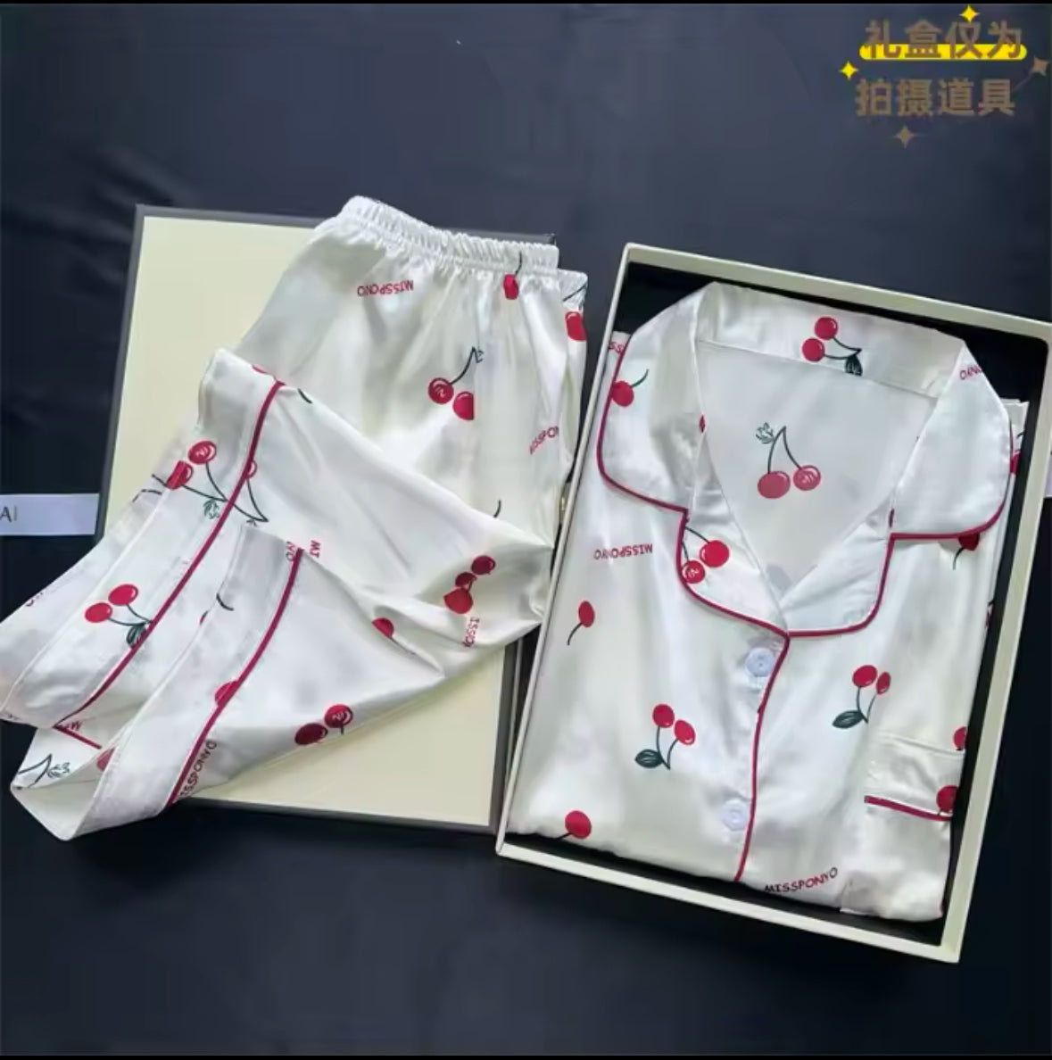 Cherry Print Summer Pajama Set for Women – 2-Piece Faux Satin Sleepwear with Casual Shorts & Top for Stylish Home Comfort