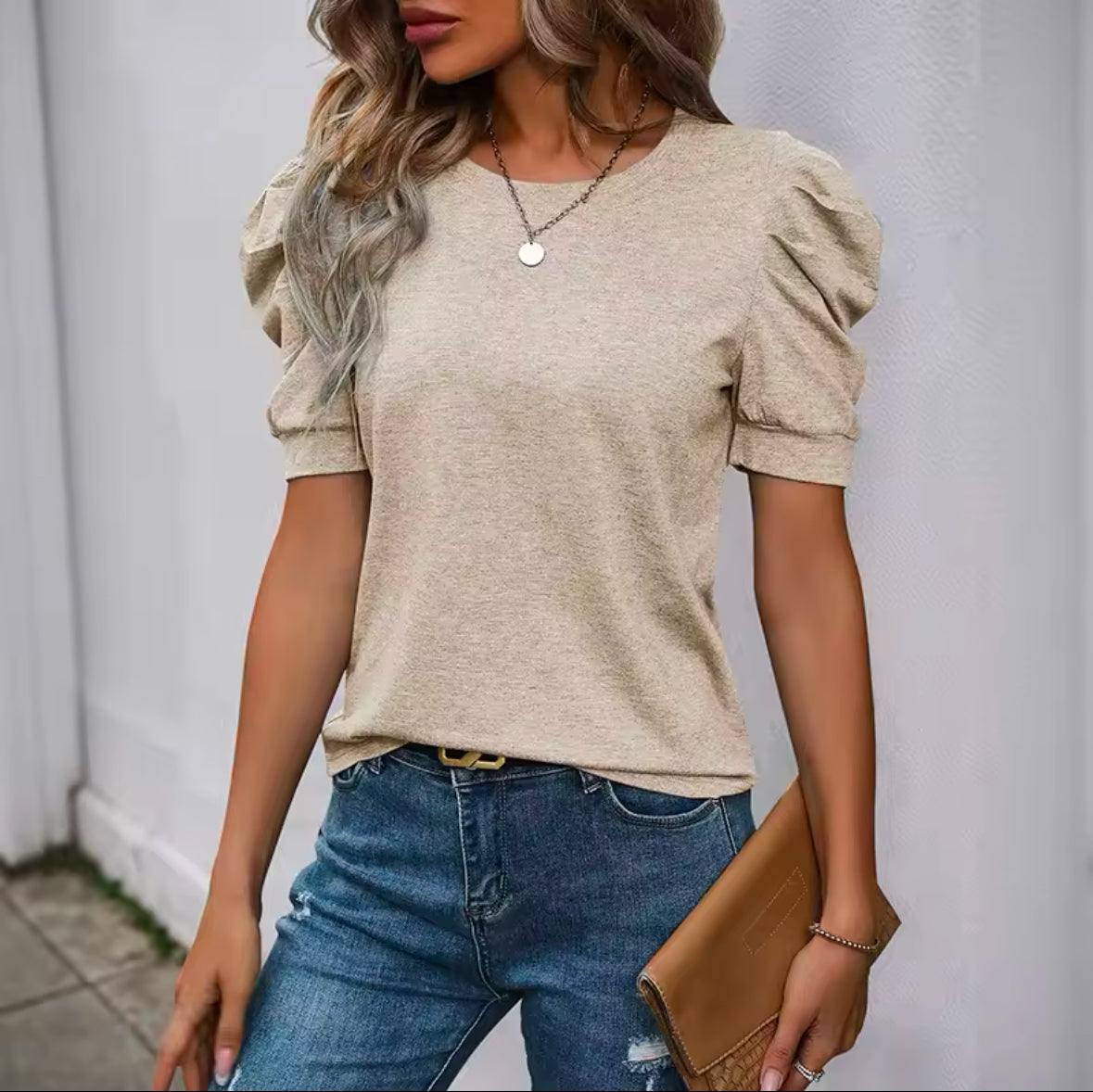 INAWLY Women’s Solid Color Crew Neck Gigot Sleeve T-Shirt – Elegant & Stylish Casual Top
