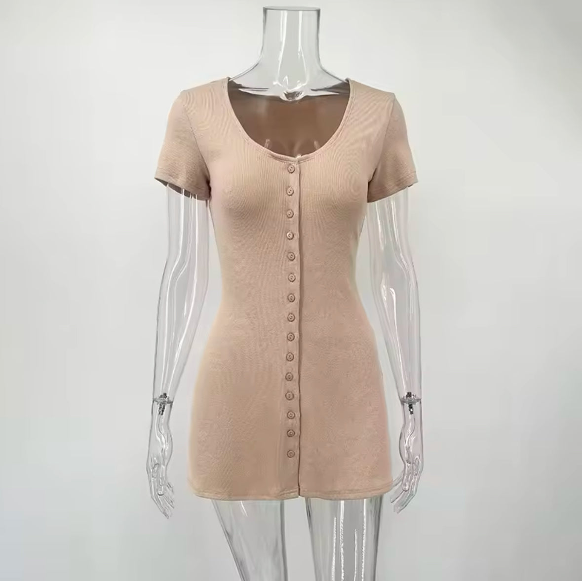TARUXY 2025 Summer Women’s Knitted Mini Dress – Elegant V-Neck Buttoned Short Sleeve Casual Dress with High Elasticity