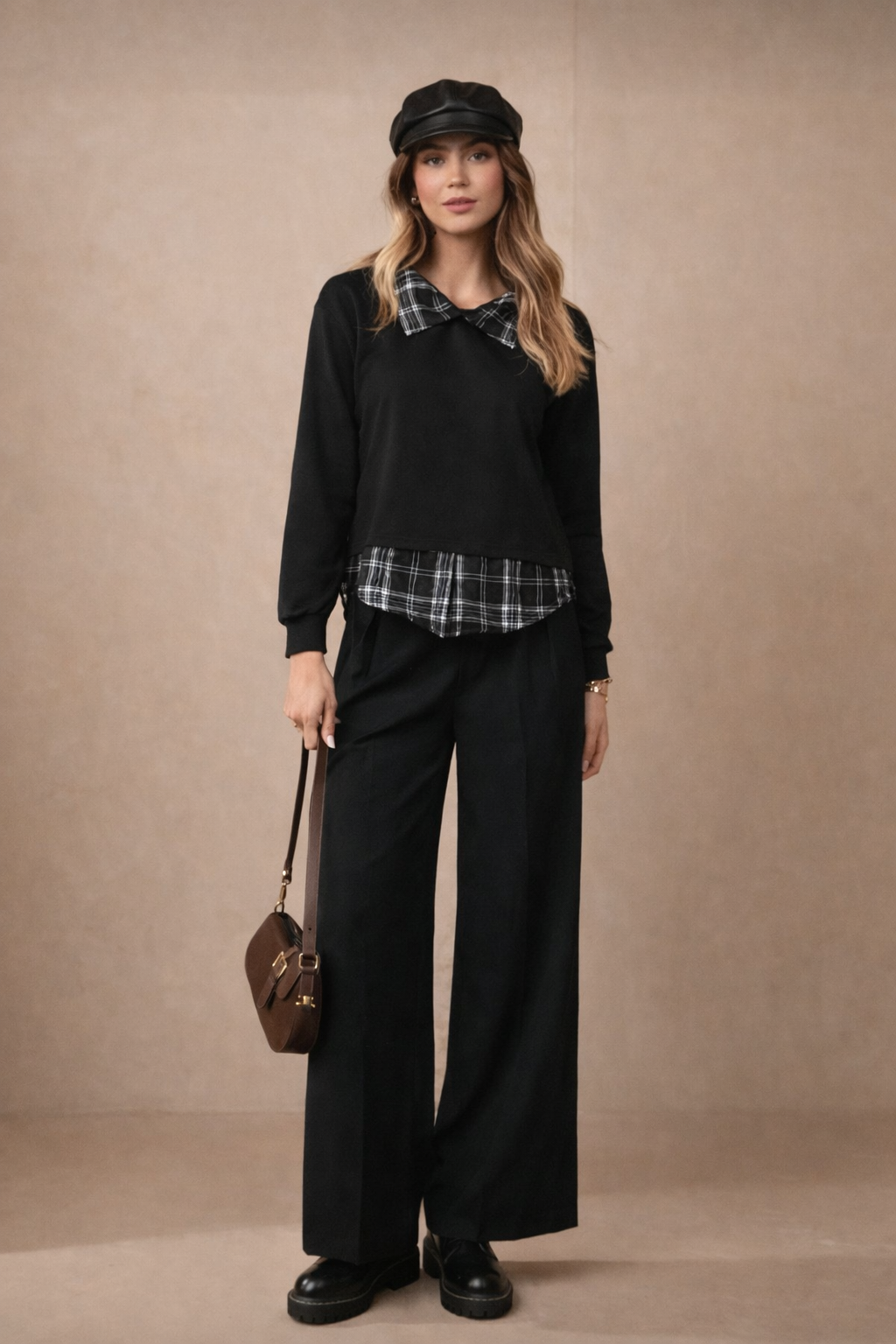 Women’s Contrast Tartan Trim Sweatshirt – Fall Winter Casual Chic Top - UltraChic