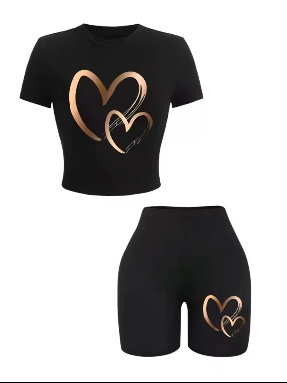 Summer Women’s Slim-Fit T-Shirt & Shorts Set – Stylish Heart Print Crop Top with Soft, Stretchy Fabric for 2025 Casual Comfort