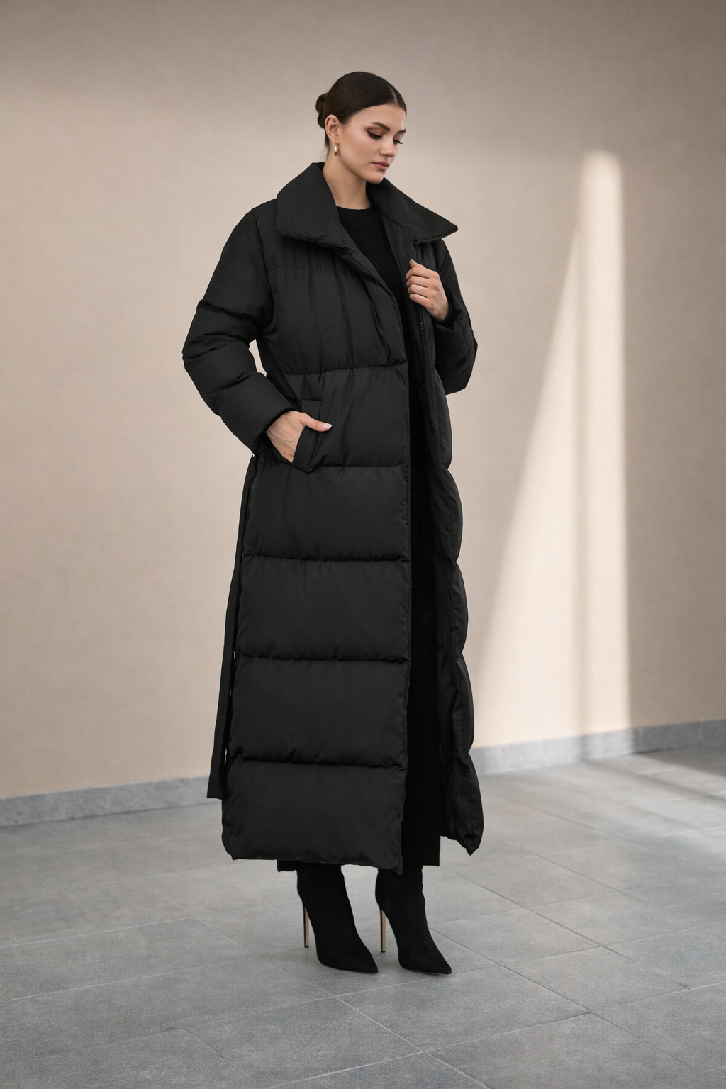 Women’s Black Long Puffer Coat with Belt | Minimalist Shawl Collar Winter Outerwear