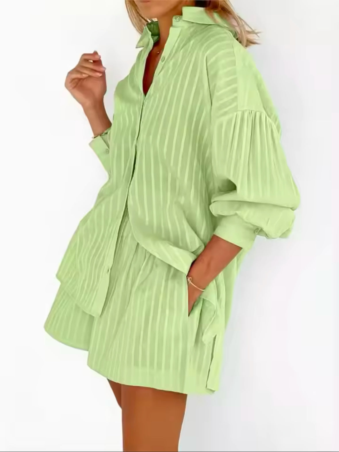 2025 Cotton Two-Piece Set for Women – Striped Long Sleeve Shirt & Shorts Outfit for a Simple and Stylish Spring Summer Look
