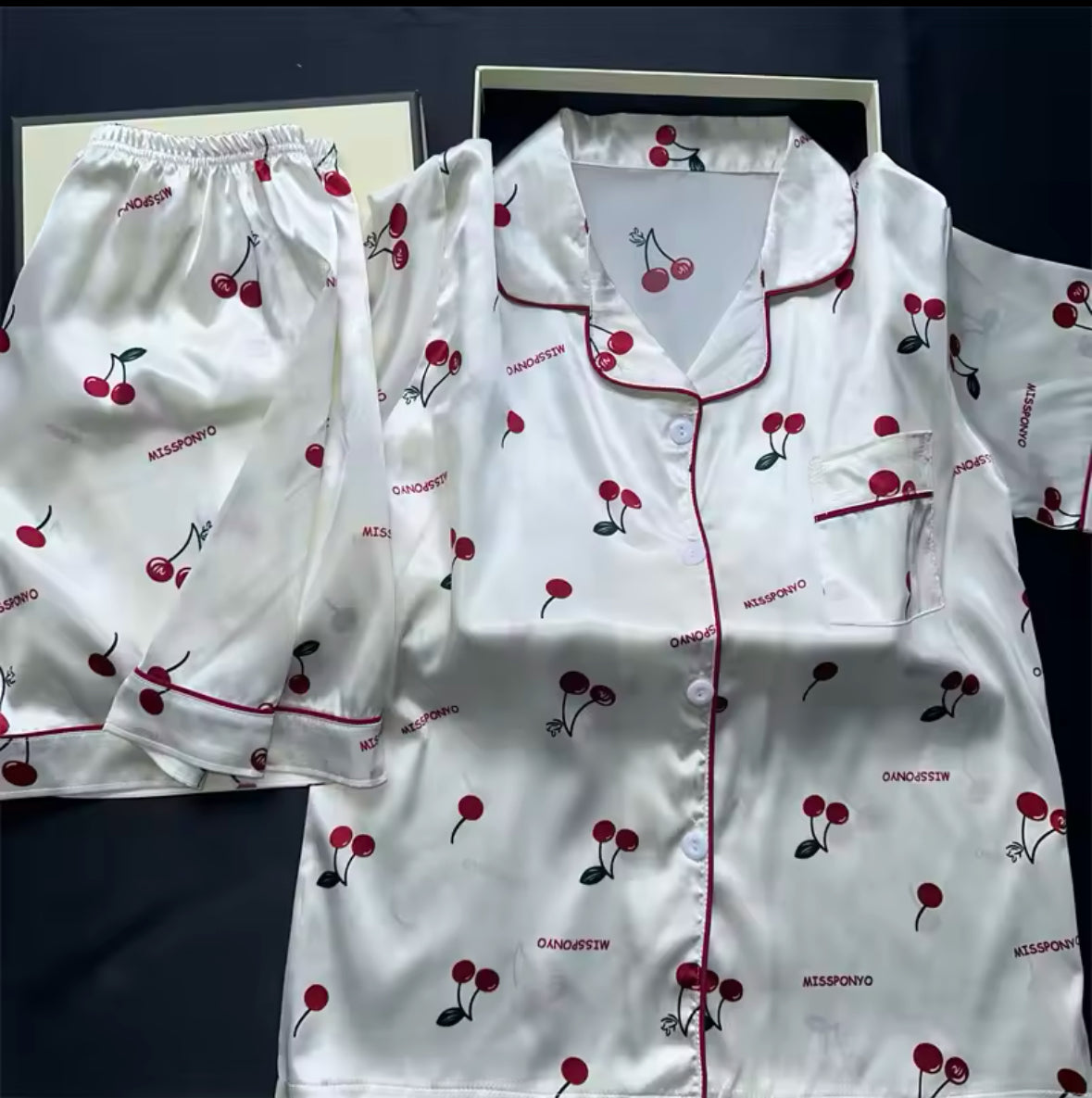 Cherry Print Summer Pajama Set for Women – 2-Piece Faux Satin Sleepwear with Casual Shorts & Top for Stylish Home Comfort