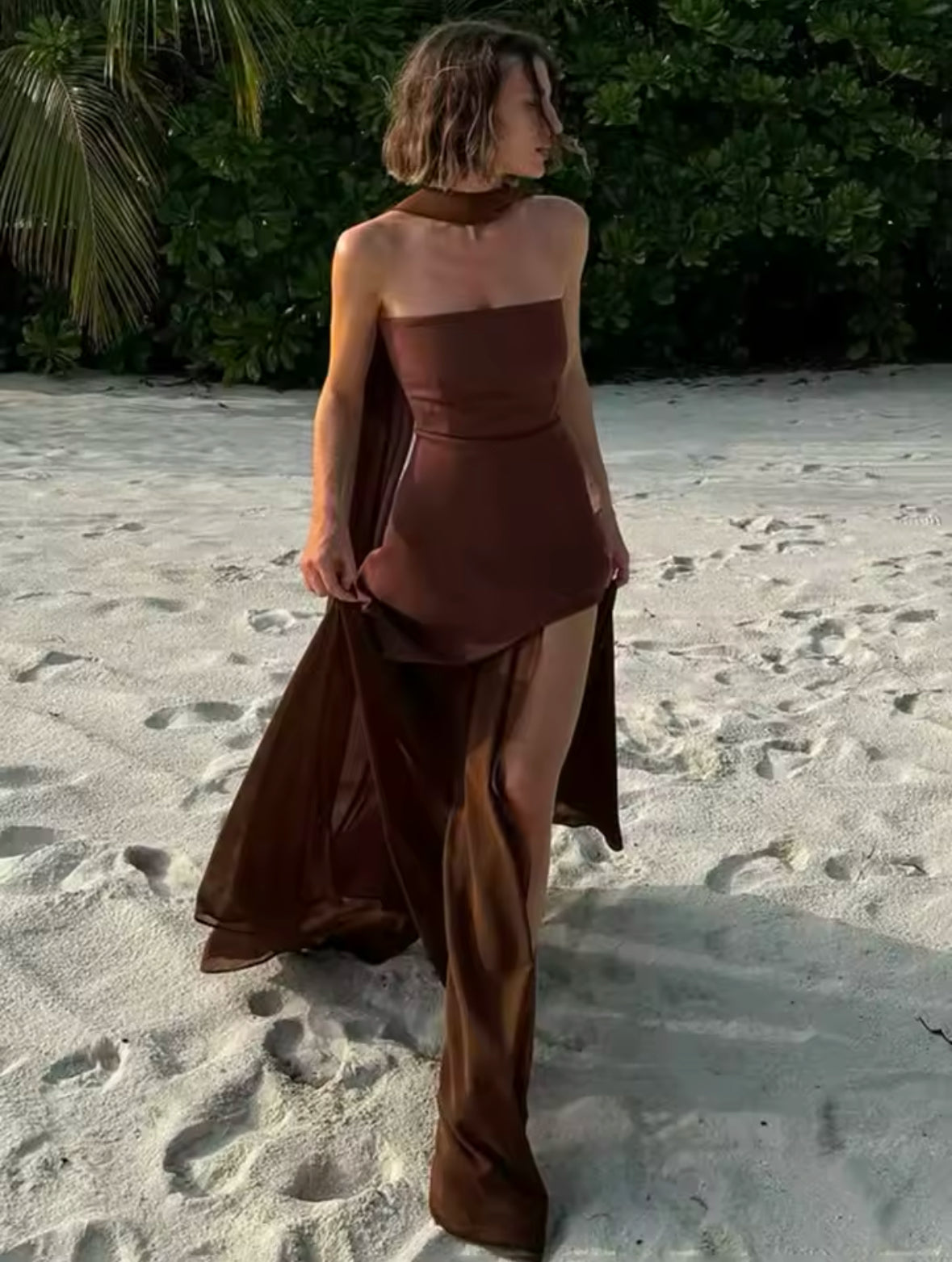 Elegant Strapless Mesh Beach Dress for Women – TARUXY 2025 Spring Sleeveless Long Dress with Ribbon for Vacation & Special Occasions
