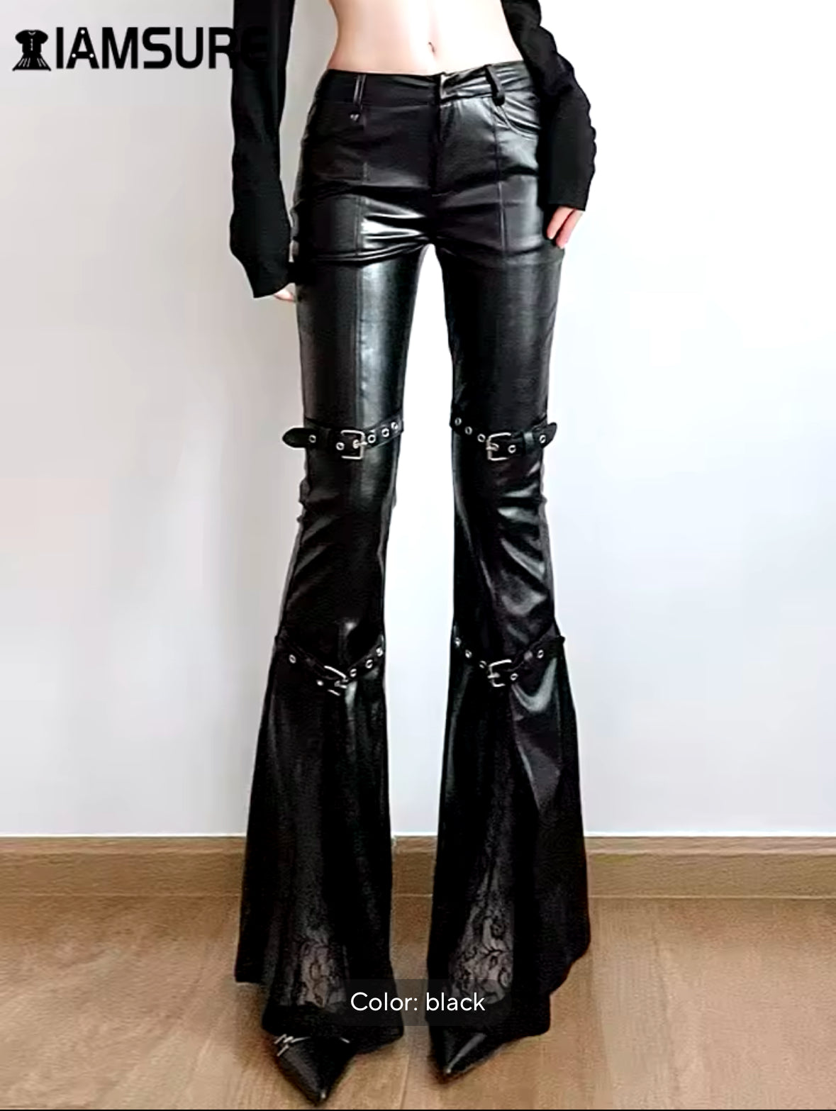 2025 Fashion Flare Pants for Women – Sexy PU Leather Patchwork, Slim Fit, Low-Waisted Streetwear for Autumn & Winter