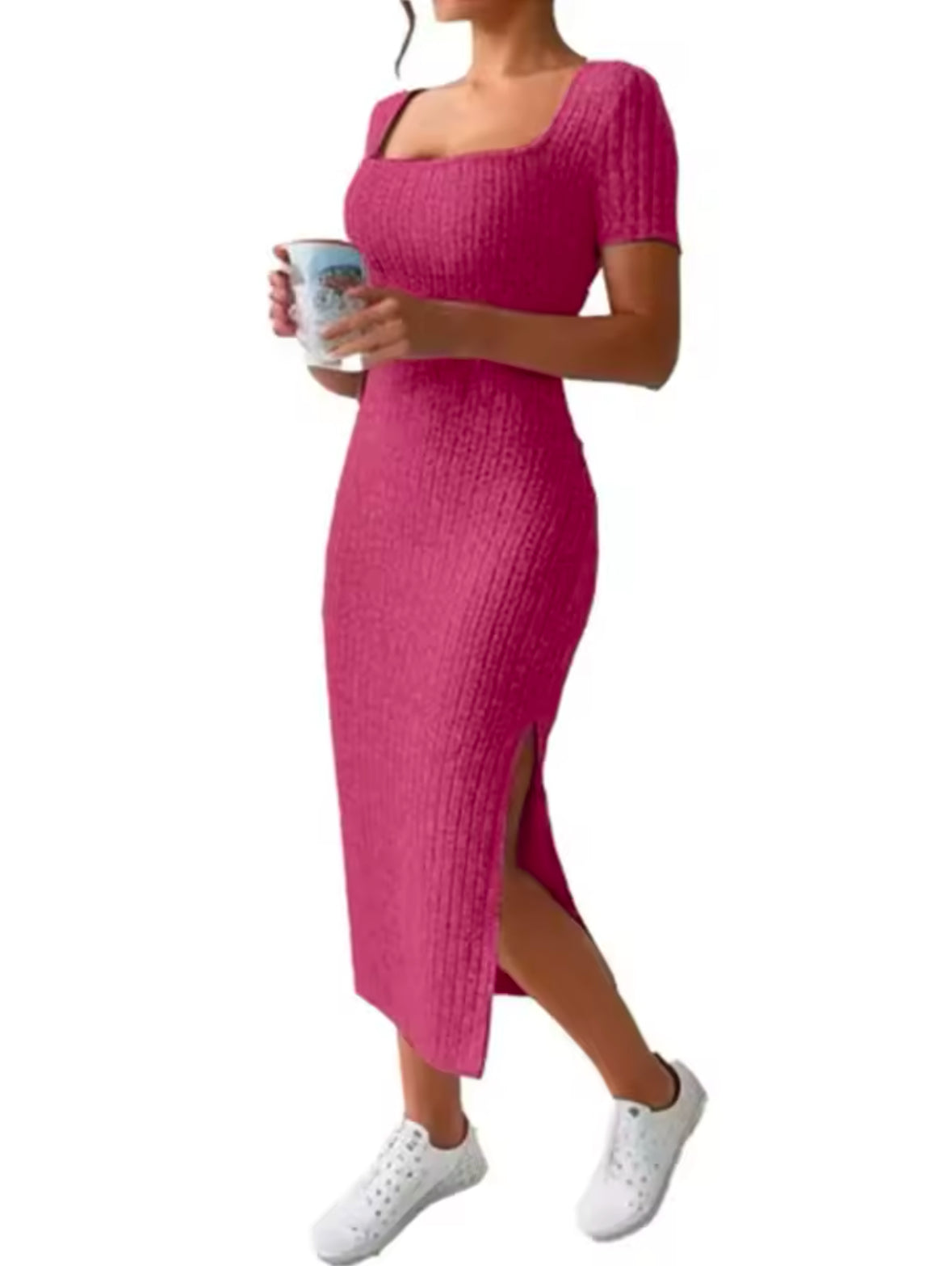 Elegant Summer Knit Dress with Square Neck and Side Slit – Slim Fit, Mid-Length, Short Sleeve for a Chic Feminine Look