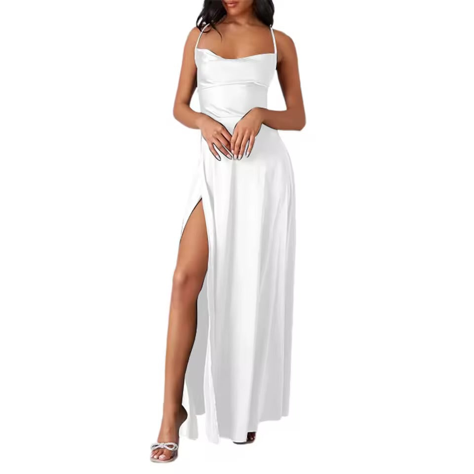 Belle Bridesmaid Dress – Elegant Evening Gown with Cowl Neck, Side Slit & Spaghetti Straps | Formal Prom, Wedding Guest & Graduation Dress