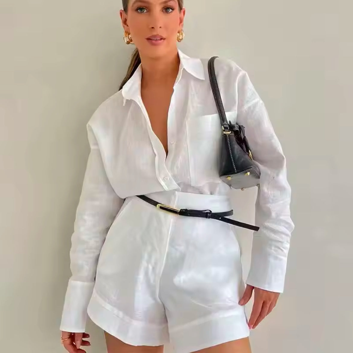 Women’s Summer 2-Piece Set – Long Sleeve Blouse & Shorts | Lightweight Casual Outfit