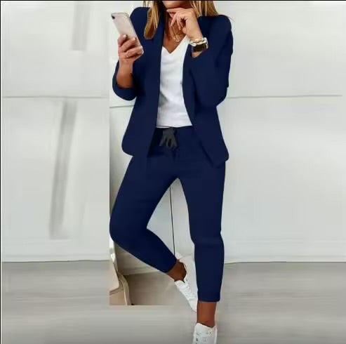 Elegant Women’s Two-Piece Suit – Casual Solid Color Blazer & Pants Set | Long Sleeve Office & Everyday Wear
