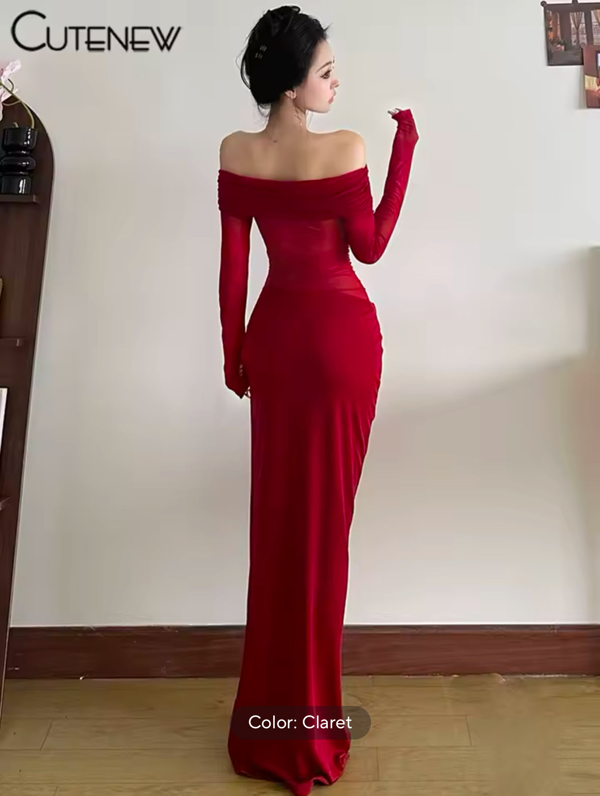 Sexy Mesh Ruched Maxi Dress for Women – Off Shoulder Sheer Long Sleeve Bodycon Gown for Midnight Parties