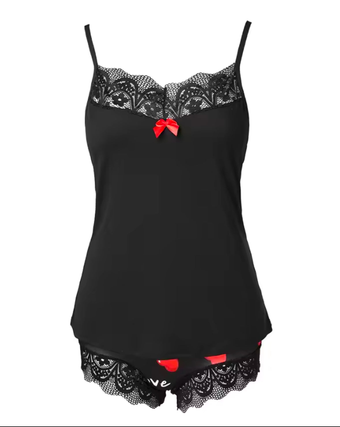 2025 Women’s Two-Piece Valentine’s Day Pajama Set – Heart Print Sleeveless Lace Cami Top & Comfy Home Shorts for a Romantic Look