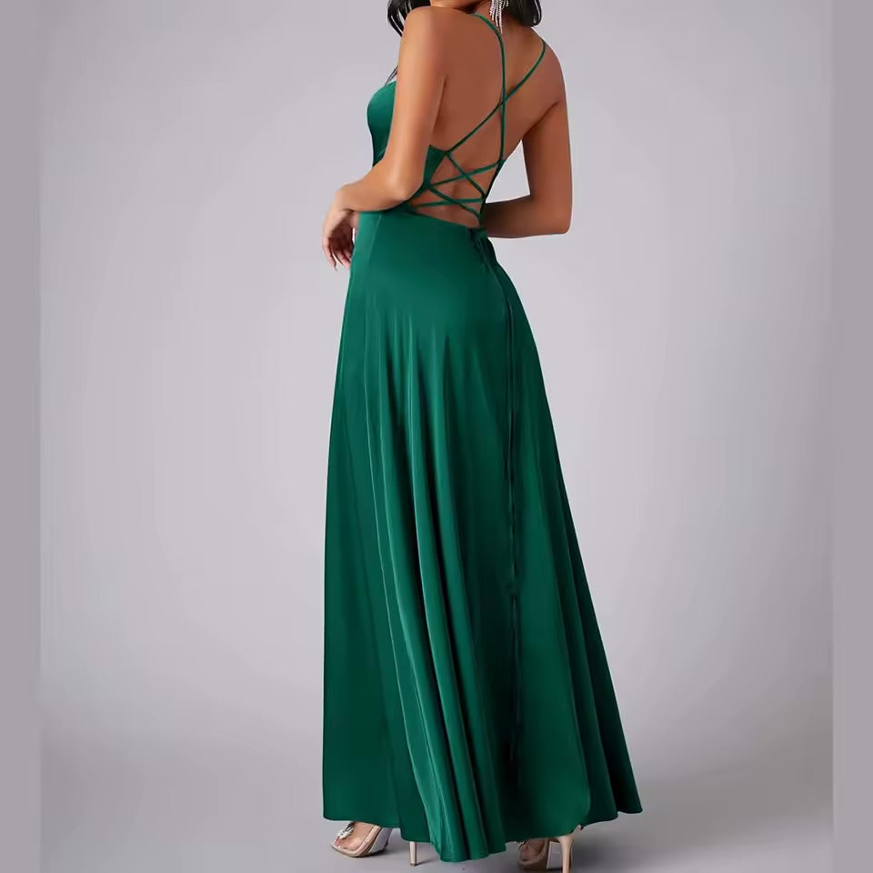 Belle Bridesmaid Dress – Elegant Evening Gown with Cowl Neck, Side Slit & Spaghetti Straps | Formal Prom, Wedding Guest & Graduation Dress