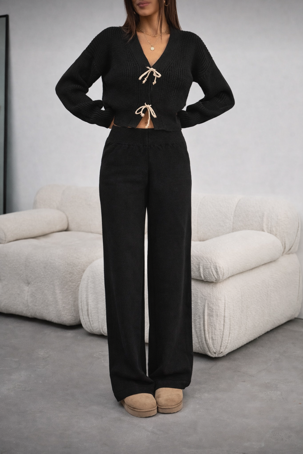 Women’s Chunky Knit Cardigan & Pants Set – Bow Front Winter Lounge Outfit