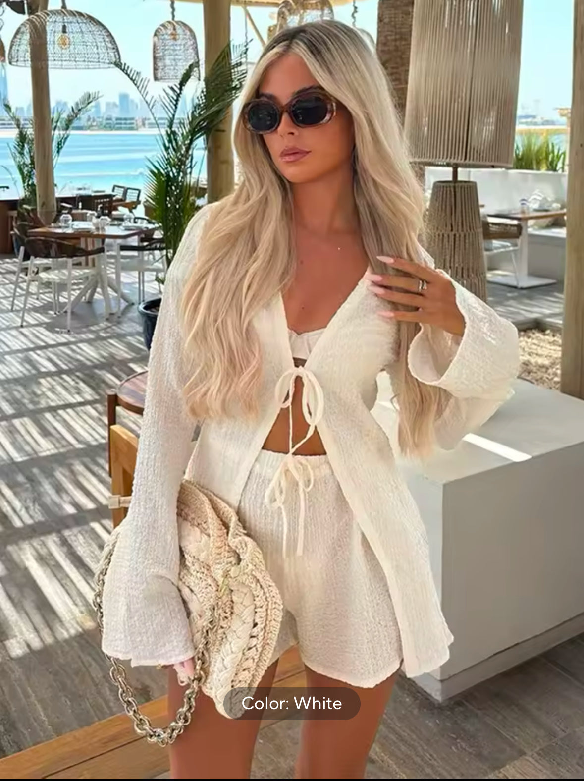 Chic Women’s 2-Piece Lace-Up Set – Flare Sleeve Shirt & Shorts | Trendy 2025 Vacation & Beach Outfit