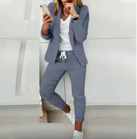 Elegant Women’s Two-Piece Suit – Casual Solid Color Blazer & Pants Set | Long Sleeve Office & Everyday Wear