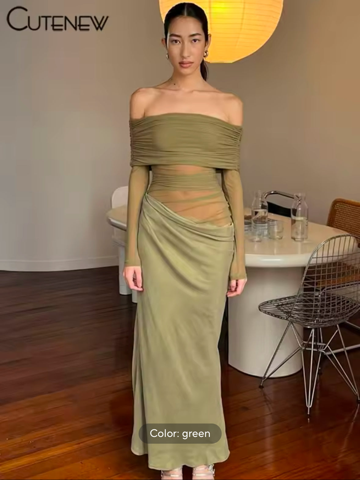 Sexy Mesh Ruched Maxi Dress for Women – Off Shoulder Sheer Long Sleeve Bodycon Gown for Midnight Parties
