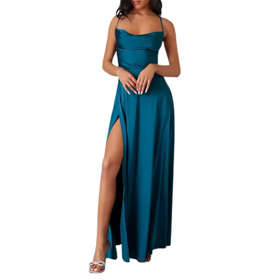 Belle Bridesmaid Dress – Elegant Evening Gown with Cowl Neck, Side Slit & Spaghetti Straps | Formal Prom, Wedding Guest & Graduation Dress