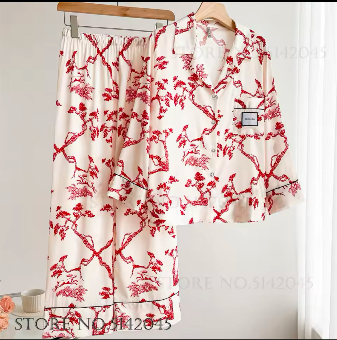Fashionable Floral Print 2PCS Pajama Set for Women – Comfortable Satin Sleepwear, Spring & Summer Lounge Wear, Loose Fit Trouser Suit for Relaxing at Home