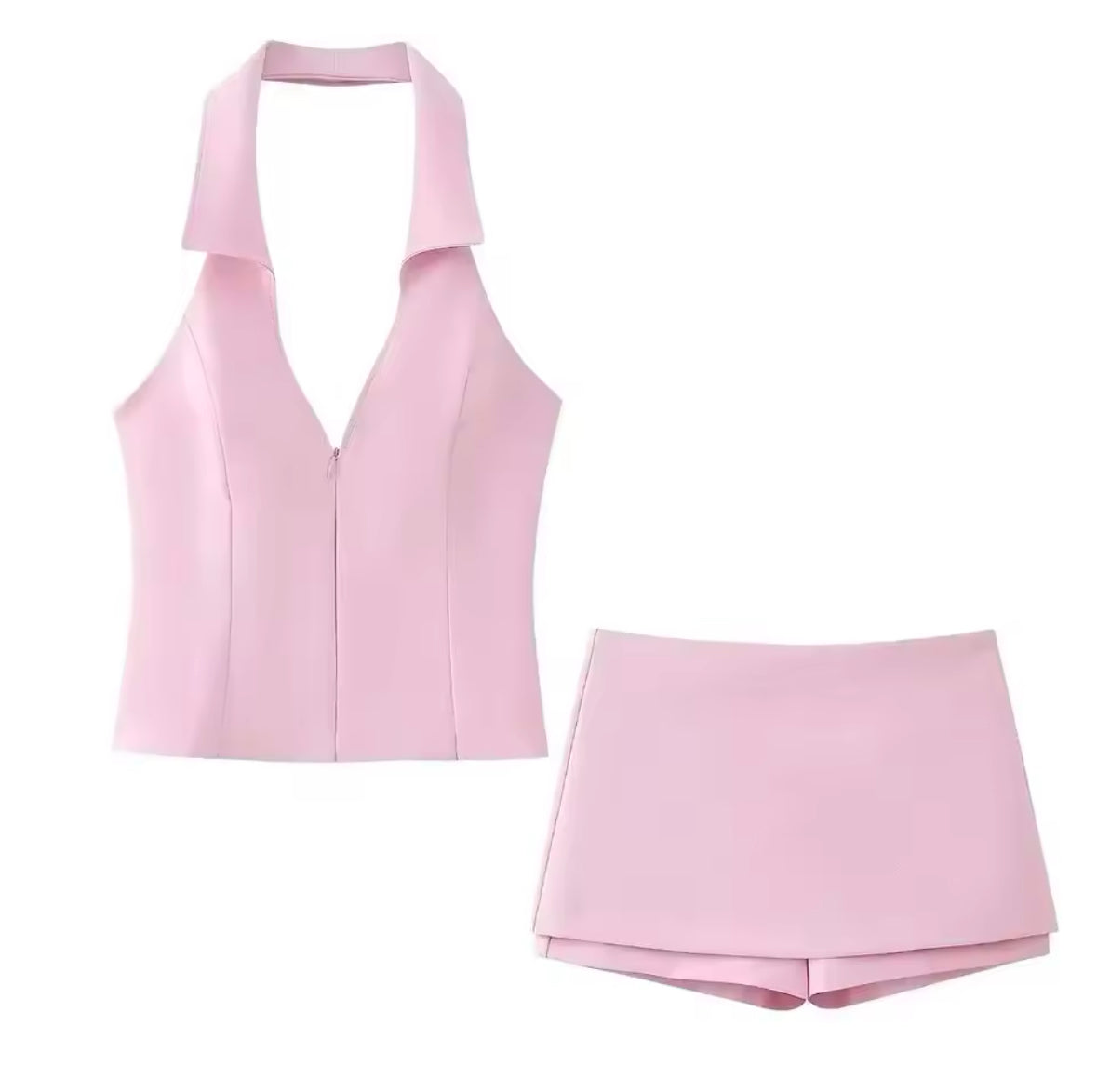 Fashionable Pink Shorts Set for Women 2025 – Sexy V-Neck Sleeveless Top with Slim Fit Skirt for Elegant Spring & Summer Looks