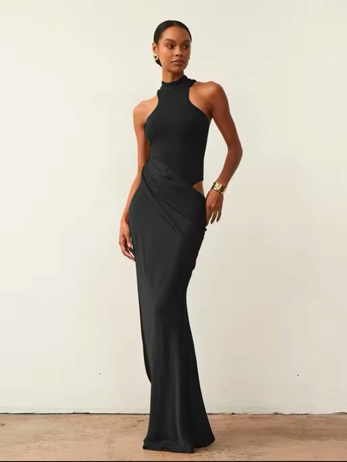 Elegant Black Satin Maxi Dress for Women – Sleeveless High Waist Hollow Out Dress for Autumn Parties and Clubwear