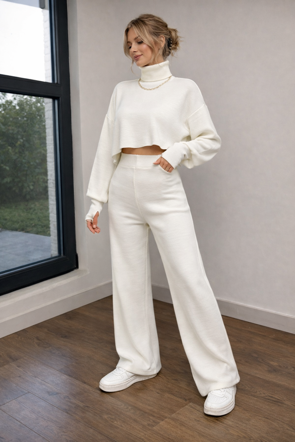 Women’s Turtleneck Crop Top Set – Cozy Autumn Winter Casual Outfit