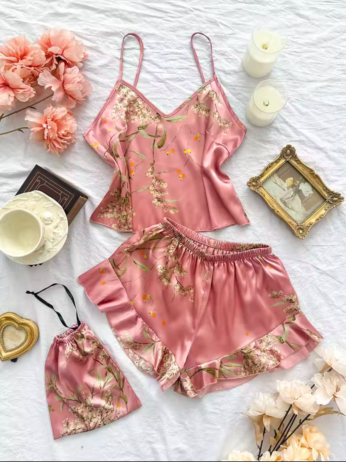 Elegant Floral Cami Pajama Set for Women – Ruffle Hem Shorts & Stylish Sleepwear for Comfortable Loungewear